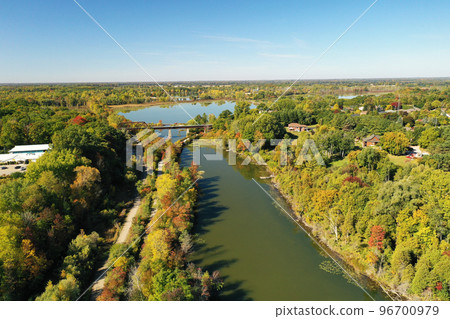 Colorful aerial view of Waterford, Ontario, Canada in the autumn 96700979