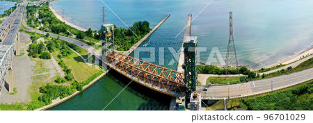 Aerial panorama of the lift bridge by the Burlington Skyway in Canada 96701029
