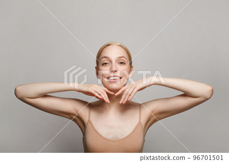 Natural beauty portrait of female face and body with perfect fresh skin on white background 96701501