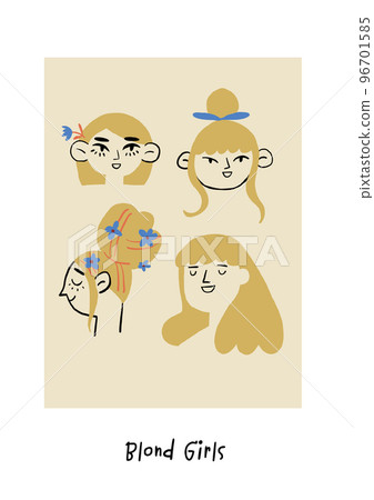 Poster with girls portraits with blond hair. Romantic girls faces. Womens day poster. Vector illustration 96701585