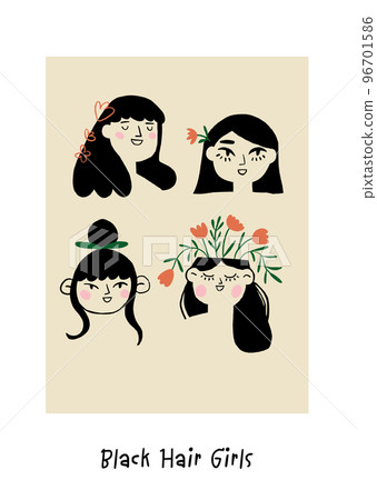 Poster with girls portraits with dark hair. Romantic girls faces. Womens day poster. Vector illustration Poster with girls portraits with dark hair. Romantic girls faces. Womens day poster. Vector illustration 96701586