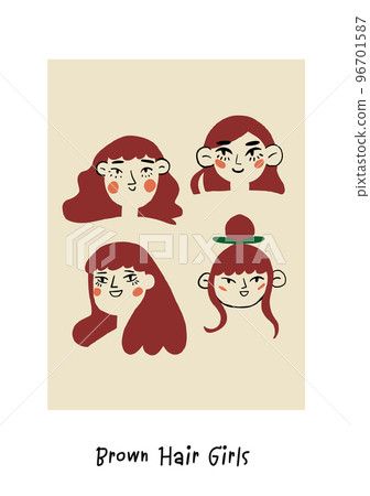 Poster with girls portraits with brown hair. Romantic girls faces. Womens day poster. Vector illustration Poster with girls portraits with brown hair. Romantic girls faces. Womens day poster. Vector illustration 96701587