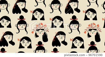 Vector seamless pattern of one line drawing abstract flowers and beautiful young woman and geometric liquid shapes. Hand drawn modern minimalistic design for fashion, print, textile. Vector 96701590