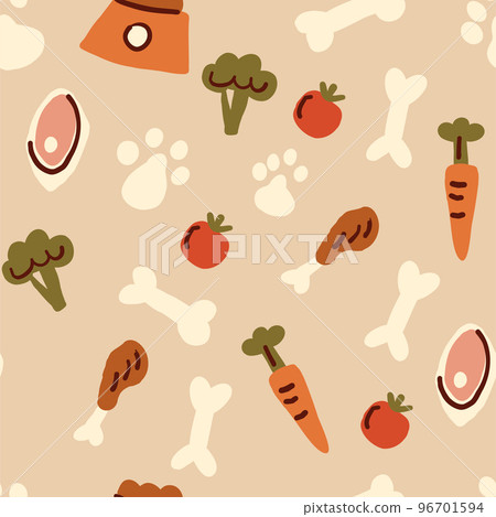 Healthy dog food pattern on beige background - tomato, beef, chicken, broccoli, bone, dog bowl, carrot. Vector illustration 96701594