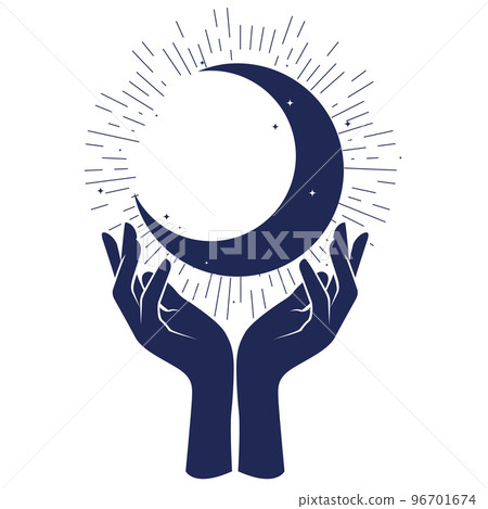 Woman hands supporting crescent, prediction, magic and moon sorcery, vector Woman hands supporting crescent, prediction, magic and moon sorcery, vector 96701674