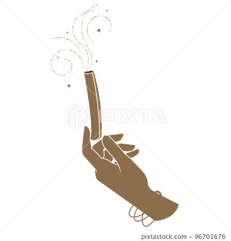 Smoldering aromatic stick in hand, smoking stick of sacred tree palo santo exuding fragrance, incense for meditation and spiritual practices, vector Smoldering aromatic stick in hand, smoking stick of sacred tree palo santo exuding fragrance, incense for meditation and spiritual practices, vector 96701676