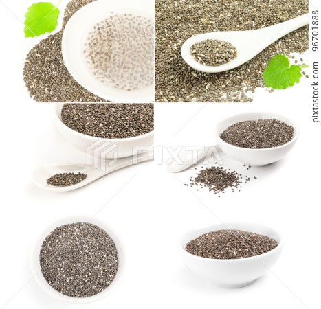 Set of pile of chia seeds on a white background clipping path Set of pile of chia seeds on a white background clipping path 96701888