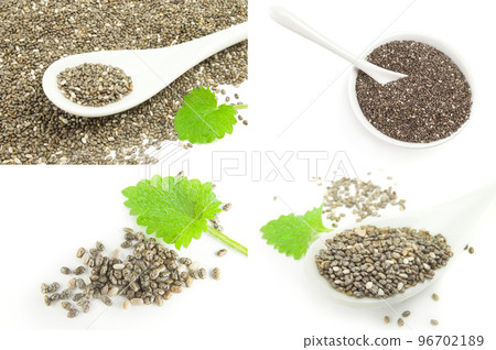 Collage of chia seeds isolated on a white background Collage of chia seeds isolated on a white background 96702189