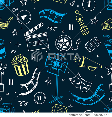 Movie, cinema vector pattern. Doodle hand drawn sketch style movie seamless pattern. Cinema elements for media production, festival, theater background. Vector Movie, cinema vector pattern. Doodle hand drawn sketch style movie seamless pattern. Cinema elements for media production, festival, theater background. Vector 96702638