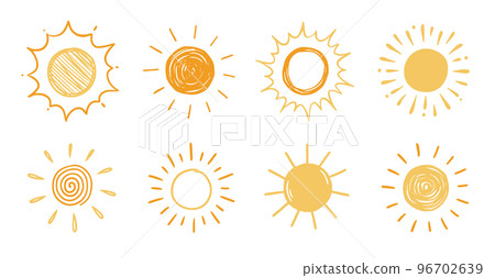 Doodle sun sketch illustration. Hand drawn cute yellow, orange sun set. Scribble doodle children drawn style. Vector Doodle sun sketch illustration. Hand drawn cute yellow, orange sun set. Scribble doodle children drawn style. Vector 96702639