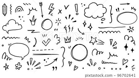 Sketch underline, emphasis, arrow shape set. Hand drawn brush stroke, highlight, speech bubble, underline, sparkle element. Vector 96702641
