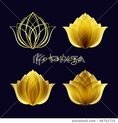 Golden lotus logo set. Design flower symbol. Vector floral emblem template of spa, cosmetics or beauty salon Golden lotus logo set. Design flower symbol. Vector floral emblem template of spa, cosmetics or beauty salon 96702728