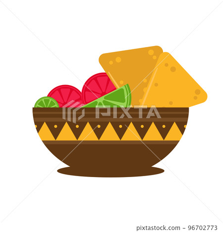 Nachos in bowl with lime and tomato. Mexican traditional food Nachos in bowl with lime and tomato. Mexican traditional food 96702773