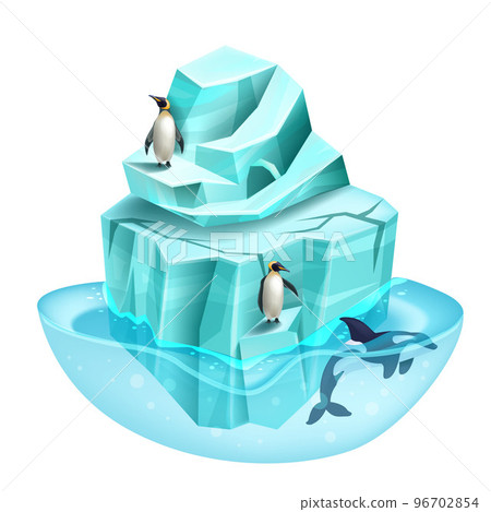 Glacier game island, north flying ground, isometric arctic vector ice land, 3D cartoon iceberg.  96702854