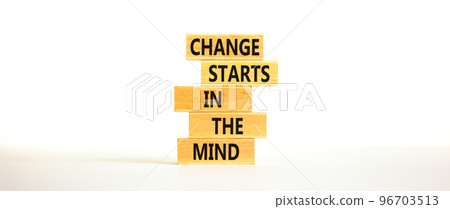 Change starts in the mind symbol. Concept words Change starts in the mind on wooden blocks on a beautiful white table white background. Business motivational and change starts in the mind concept. 96703513
