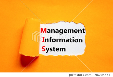 MIS management information system symbol. Concept words MIS management information system on white paper on a orange background. Business MIS management information system concept. Copy space. 96703534