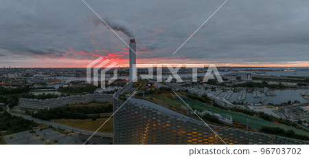 Aerial view of the Amager Bakke, Amager Hill - a heat and power waste-to-energy plant and a sports park in Amager, Copenhagen, Denmark, Aerial view of the Amager Bakke, Amager Hill - a heat and power waste-to-energy plant and a sports park in Amager, Copenhagen, Denmark, 96703702