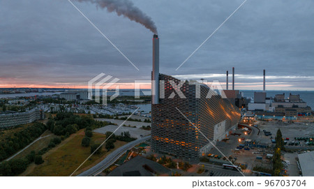 Aerial view of the Amager Bakke, Amager Hill - a heat and power waste-to-energy plant and a sports park in Amager, Copenhagen, Denmark, Aerial view of the Amager Bakke, Amager Hill - a heat and power waste-to-energy plant and a sports park in Amager, Copenhagen, Denmark, 96703704