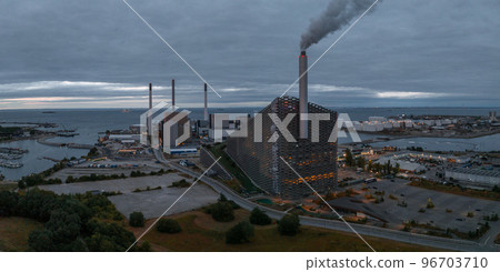 Aerial view of the Amager Bakke, Amager Hill - a heat and power waste-to-energy plant and a sports park in Amager, Copenhagen, Denmark, Aerial view of the Amager Bakke, Amager Hill - a heat and power waste-to-energy plant and a sports park in Amager, Copenhagen, Denmark, 96703710