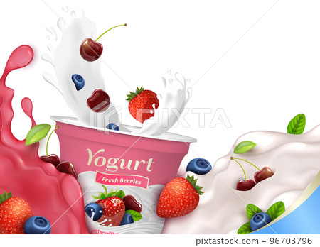 Realistic Detailed 3d Fresh Berries Yogurt Packaging Container with Splash Isolated on a White Background. Vector illustration Realistic Detailed 3d Fresh Berries Yogurt Packaging Container with Splash Isolated on a White Background. Vector illustration 96703796