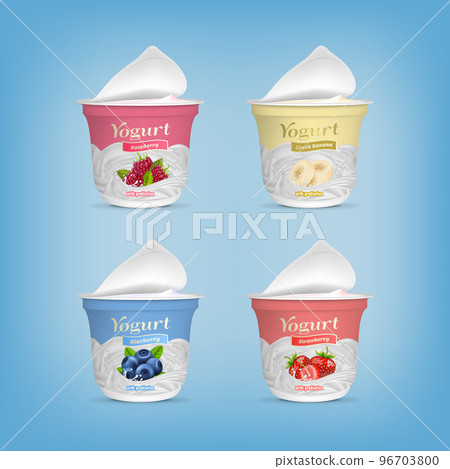 Realistic Detailed 3d Open Yogurt Packaging Container Blueberry, Raspberry, Strawberry and Banana Taste Set. Vector illustration 96703800