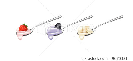 Realistic Detailed 3d Spoon with Yogurt and Fruit or Berries Set. Vector illustration of Strawberry, Banana and Blackberry 96703813