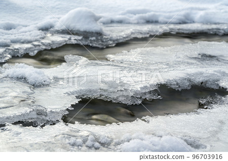 Shallow forest river covered with crystal snow and ice layer in winter, white patches over stones, long exposure photo Shallow forest river covered with crystal snow and ice layer in winter, white patches over stones, long exposure photo 96703916