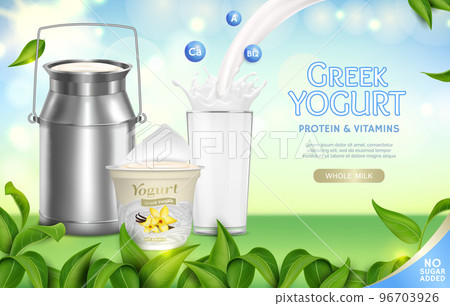 Realistic Detailed 3d Greek Yogurt Protein and Vitamins Ads Banner Concept Poster Card. Vector illustration of Yoghurt 96703926