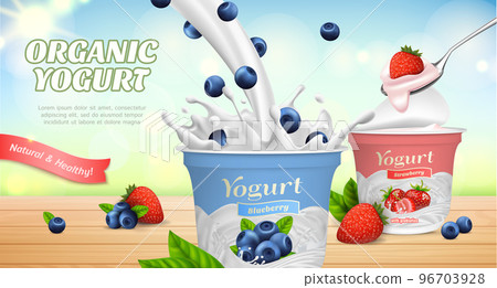 Realistic Detailed 3d Organic Yogurt Natural and Healthy Ads Banner Concept Poster Card. Vector illustration of Yoghurt Realistic Detailed 3d Organic Yogurt Natural and Healthy Ads Banner Concept Poster Card. Vector illustration of Yoghurt 96703928