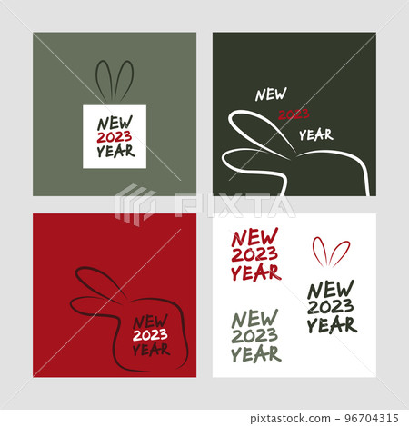 2023 new year posters set. Four square posters with outline rabbit head silhouette. Street art, lettering, graffiti, template, banner, card. Hand drawn doodle modern vector illustration. 96704315