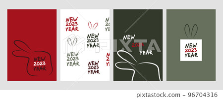 2023 new year posters set. Four vertical posters with outline rabbit head silhouette. Street art, lettering, graffiti, template, banner, card. Hand drawn doodle modern vector illustration. 96704316
