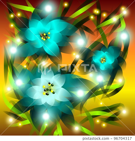 Floral illustration. Fantastic landscape, bright magical colors. Radiant image. Floral illustration. Fantastic landscape, bright magical colors. Radiant image. 96704317