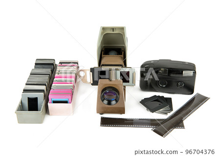 Overhead projector,camera and set of slides isolated on white . 96704376