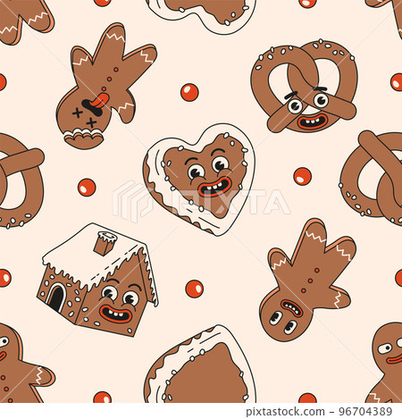 Christmas market street foods and drinks seamless pattern. Candy, pretzel, cookie, gingerbread in trendy retro cartoon style. Merry Christmas and Happy New year. 96704389