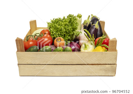 Fresh vegetables in a wooden box isolated on a white background. Eco lifestyle 96704552