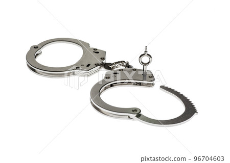 Pair of steel handcuffs isolated on white background. Silver metal handcuff 96704603