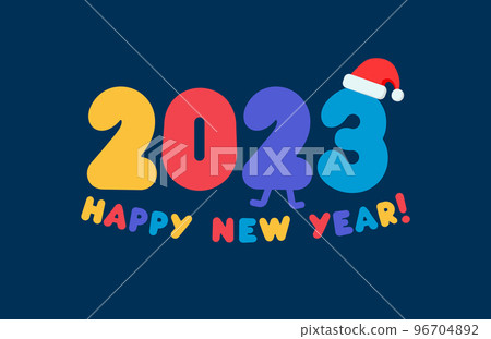 2023 numbers in cartoon style with color balloons and Santa hat. Happy New Year event poster, greeting card cover, 2023 calendar design, invitation to celebrate New Year. Vector illustration 96704892