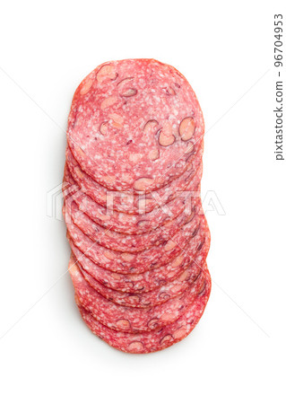 Sliced mexican salami with beans isolated on white background. 96704953