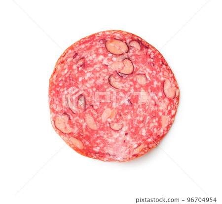 Sliced mexican salami with beans isolated on white background. 96704954