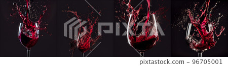 Splasehs of red wine into the glass against white background. Pour alcohol, winery concept. 96705001
