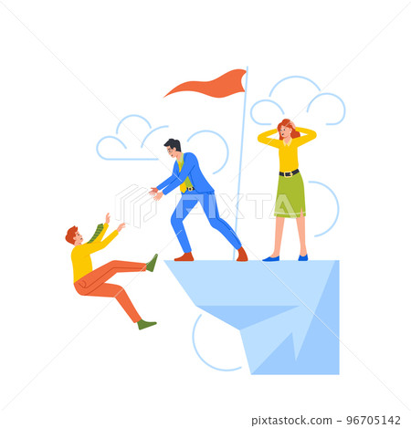 Business Character Fall Down from Mountain Cliff. Concept of Loss, Fail, Crisis with Man Stand on Rock Peak 96705142