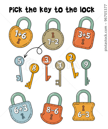 Pick the key to the lock. Educational math game for children Pick the key to the lock. Educational math game for children 96705377