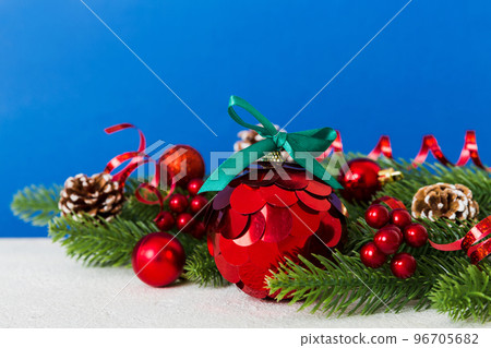 New Year Christmas tree toy, branches of a christmas tree, New Year decorations on a colored background 96705682