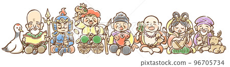 鬆垮可愛的七福神並排插畫 96705734