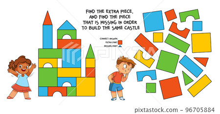 Find the extra piece, and find the piece that is missing in order to build the same castle 96705884