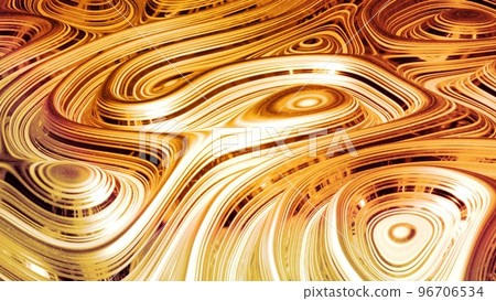 Abstract background with wavy sparkling golden liquid pattern on shiny glossy surface. Viscous yellow fluid like surface of gold foil or brilliant glass. Beautiful creative festive backdrop. 3d render 96706534