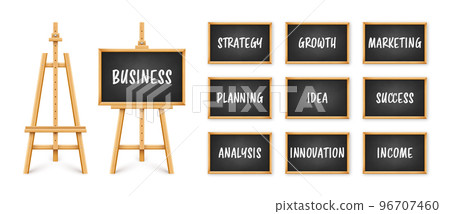 Black chalkboard on wooden easel. Blackboard in wooden frame on a tripod. Presentation board with text, writing or drawing surface. Business investment, economics and finance. Vector illustration Black chalkboard on wooden easel. Blackboard in wooden frame on a tripod. Presentation board with text, writing or drawing surface. Business investment, economics and finance. Vector illustration 96707460