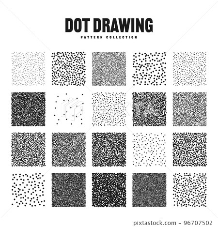 Square shaped dotted objects, stipple elements. Stippling, dotwork drawing, shading using dots. Pixel disintegration, halftone effect. White noise grainy texture, pattern. Vector illustration Square shaped dotted objects, stipple elements. Stippling, dotwork drawing, shading using dots. Pixel disintegration, halftone effect. White noise grainy texture, pattern. Vector illustration 96707502
