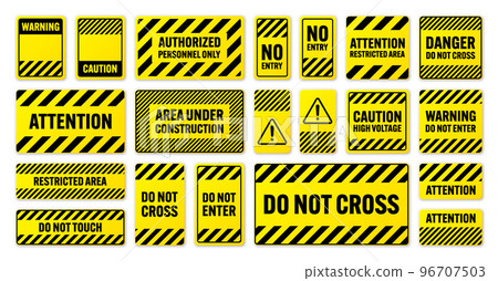 Various black and yellow warning signs with diagonal lines. Attention, danger or caution sign, construction site signage. Realistic notice signboard, warning banner, road shield. Vector illustration Various black and yellow warning signs with diagonal lines. Attention, danger or caution sign, construction site signage. Realistic notice signboard, warning banner, road shield. Vector illustration 96707503