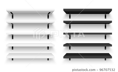 Realistic store shelves with wall mount. Empty product shelf, grocery wall rack. Mall and supermarket furniture, bookshelf. Modern interior design element, room decoration. Vector illustration 96707532